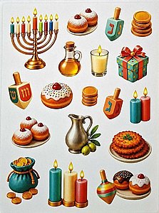 מדבקות איורי חנוכה - חנוכייה, סופגניות וסביבונים , 10 דף מדבקות איורי חנוכה - חנוכייה, סופגניות וסביבונים , 10 דף